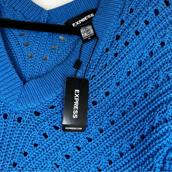 NWT EXPRESS Open Stitch Double V-Neck Dolman Sleeve Sweater, Blue color, XS size - Picture 8 of 13